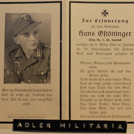 Hans Gstöttinger - KIA Italy 1944 - GJ! NICE PICTURE! HJ Medals!