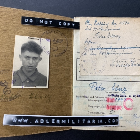 Soldbuch - SS Kanonier Eberz - SS Frw Art Reg 32 (32 SS 30.Jan.Div) Oder/Halbe 1945 (Sold)
