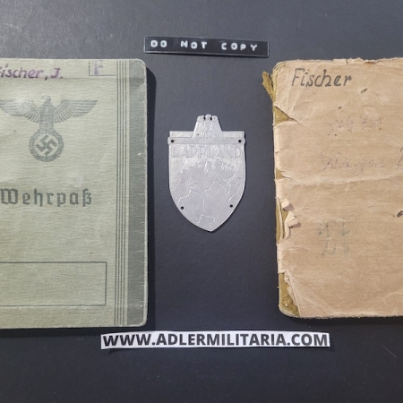 Heer Soldbuch - Uffz Fischer - Grenadier Regiment 388 (6.Geb Div) - Finland / Lappland / Norway - Lappland Schild - EK2 - ISA (Sold)