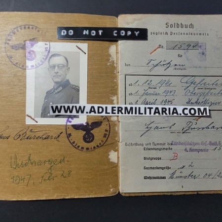 Heer Soldbuch - Uffz (Dr) Burchard - Stammlarger VI F Bocholt - Guard of the Camp - Iron Cross Second Class April 1945! (SOLD)