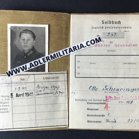Heer Soldbuch - Panzer Grenadier Scheuringer - 232 Panzer Division -  Kampfgruppe Fuchs Austria 1945 - 18 Year Old Captured! (Sold)