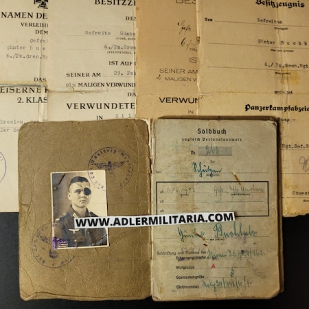 Soldbuch Set - Unteroffizieranwärter Buchholz - Panzer Grenadier Regiment 126 (23 Pz Div) - Gold Wounds - Panzer Badge Bronze ! (HOLD)