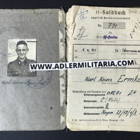 SS Soldbuch - SS Sturmmann Ermke - SS-Panzergrenadier-Regiment 3 "Deutschland" - Das Reich - Captured by US Troops 1945 ! (Reserved)