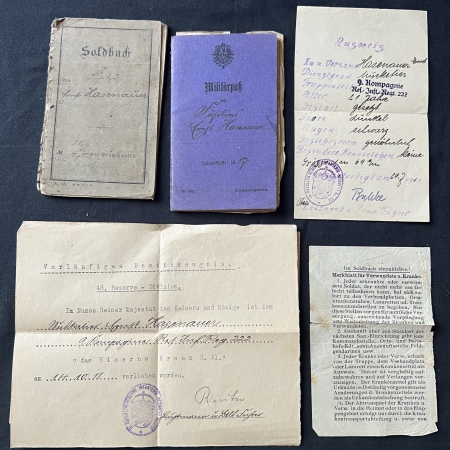 WW1 German Soldbuch and Militärpass - Iron Cross Cert - Musketier Ernst Hasenauer - Reserve Infanterie Regiment Nr 222 - Richtschütze MG08/15 (Sold)
