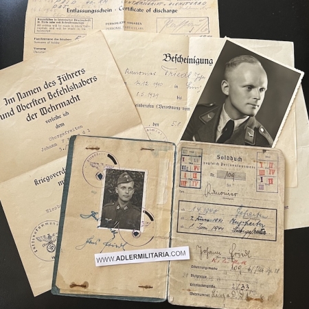 Luftwaffe Soldbuch - Stabsgefrieter Johann Friedl - Schwere Flak Abteilung 387 - Danzig 1945 - Issued Hand Grenades