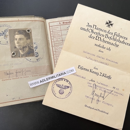 Luftwaffe Wehrpass - Gefreiter Stefan Freischem - Luftnachrichten Regiment 12 - Iron Cross Certificate signed by Gen Kurt Pflugbeil (HOLD)