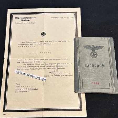 WWII German Wehrpass - KIA - Death Letter - Gefr Paul Malsch - Gebirgsjäger Regiment 85 (5 GJ Div) - Balkans - Wolchow - Schweinfurt