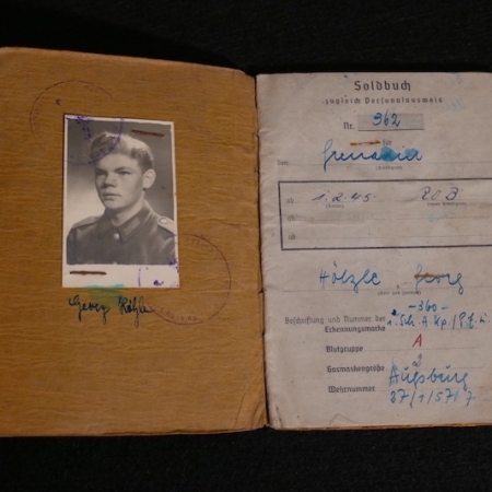 WWII German Soldbuch - Officer Cadet Holzle - Bloodstained - ROB Lehrgang VII (533 Volks Grenadier Division) Combat against US Troops 1945 (Sold)