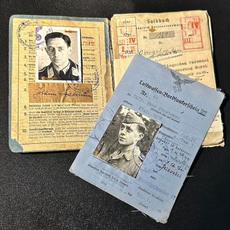 WWII German Luftwaffe Soldbuch - Oberfeldwebel Stratmann - Kampfgeschwarder 77 - Bordfunker - Injured at Eben Emael by Infantry Fire - The Blitz England - Battle of the Atlantic -  110 Missions - Gold Front Flying Clasp - EK1 (Sold)