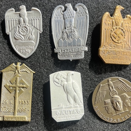 WWII German Day Badges - Frankentag 1936 - Reichsparteitag Nürnberg 1933 & 1935 - Schlageter Düsseldorf 1933 - NSDAP Münster Kreistreffen 1937 - Sold