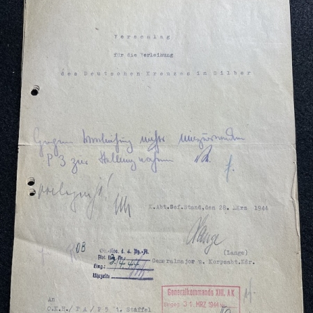 WW2 German Wehrmacht General Wolfgang Lange  - German Cross in Silver - Vorschlag - Hauptmann Otto Krause -  Korps Abteilung C - Rare