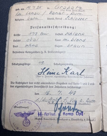 Original Waffen SS Soldbuch - SS Schützen Heine - SS Polizei Grenadier Regiment 1 - Romanian Volksdeutsche - Riga 1944 - Rare! - Image 5
