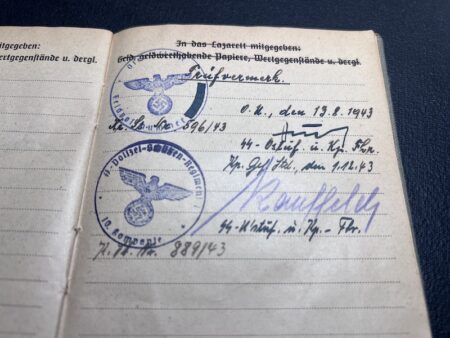 Original Waffen SS Soldbuch - SS Schützen Heine - SS Polizei Grenadier Regiment 1 - Romanian Volksdeutsche - Riga 1944 - Rare! - Image 17
