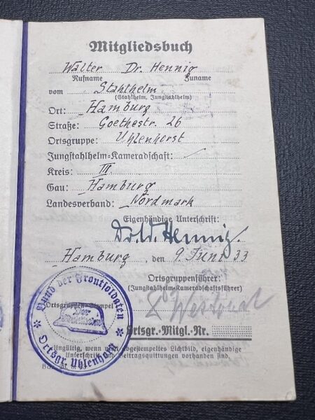 WWII German N.S Stahlhelm Bund Grouping - Dr Hennig -Hamburg - Rare Early ID Set! - Image 8