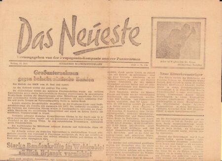 Original WWII German Propaganda Newspaper - "Das Neueste" - Panzerarmee - Anti-Partisian Operations - Rare