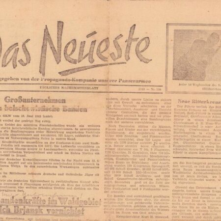 Original WWII German Propaganda Newspaper - "Das Neueste" - Panzerarmee - Anti-Partisian Operations - Rare