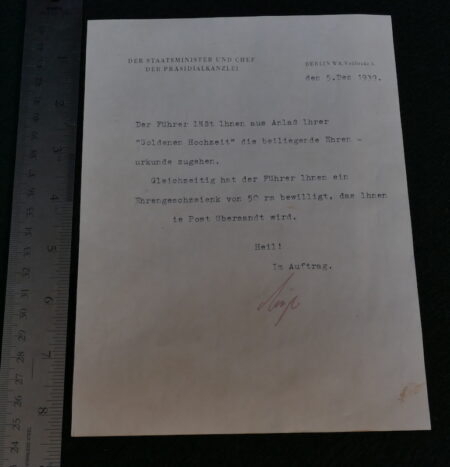 Original WWII German - Congratulatory letter from Adolf Hitler’s office - Berlin Vosstrasse 4 -   Fully Translated - Rare - Image 7