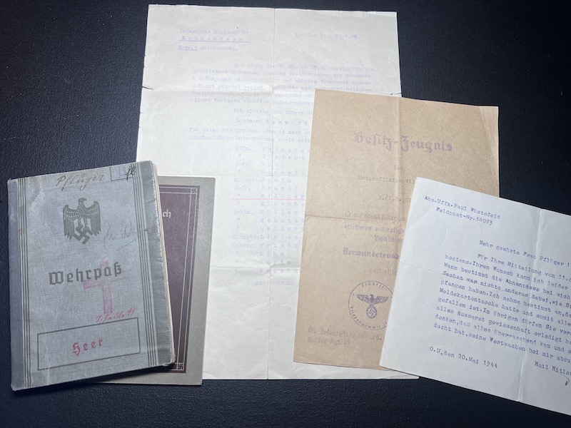 WWII German Wehrmacht Wehrpass KIA Grouping -Oberfeldwebel Pflüger - Saar Offensive 1939 Action Report - IR81 WIA France 1940 - Black Wounds Badge Certificate Le Hamal (Rare version!) Streifendienst - Grenadier Regiment Lublin