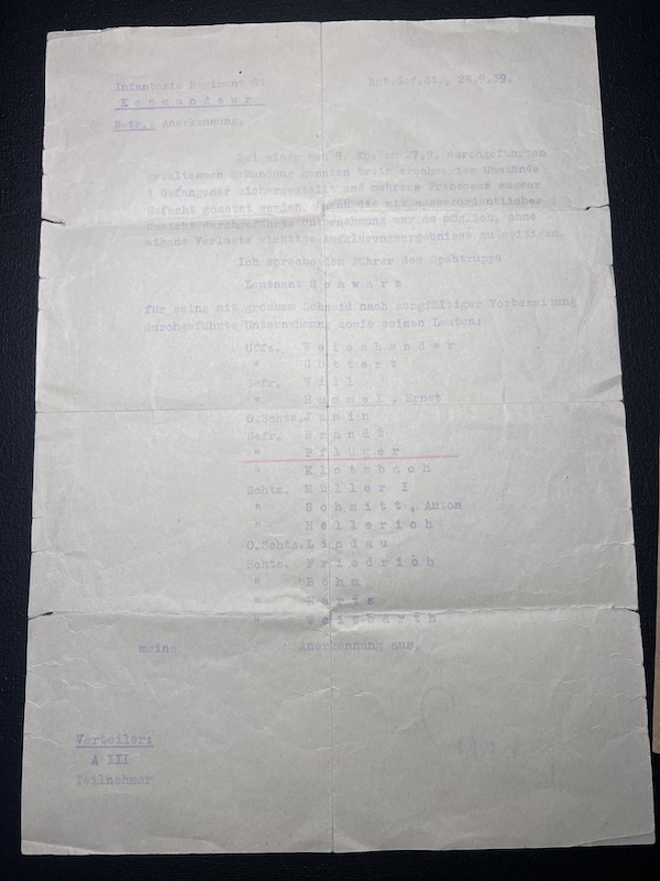 WWII German Wehrmacht Wehrpass KIA Grouping -Oberfeldwebel Pflüger - Saar Offensive 1939 Action Report - IR81 WIA France 1940 - Black Wounds Badge Certificate Le Hamal (Rare version!) Streifendienst - Grenadier Regiment Lublin - Image 19