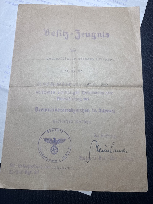 WWII German Wehrmacht Wehrpass KIA Grouping -Oberfeldwebel Pflüger - Saar Offensive 1939 Action Report - IR81 WIA France 1940 - Black Wounds Badge Certificate Le Hamal (Rare version!) Streifendienst - Grenadier Regiment Lublin - Image 22