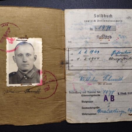 WWII Wehrmacht Soldbuch - Obergefreiter Wilhelm Schmitt - Sicherungs Batl 1018 - Issued Luger P08 Pistol - Wounded in Tarnow Poland 1945 - Wounds Badge - POW France 1947