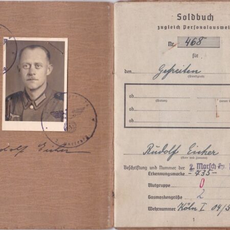 WWII German Wehrmacht Soldbuch ID - Gefreiter Rudolf Eicher - Einweisungs Abteilung 1008 - West Wall Medal - Minty Soldbuch!