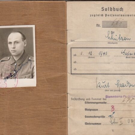 WWII German Wehrmacht Soldbuch ID - Gefreiter Kurt Szadowsky - Panzer Grenadier Regiment 12 - 4 Panzer Division - Reservelazarett 109 Berlin-Charlottenburg 1945