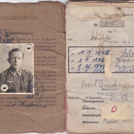 WWII German Wehrmacht Soldbuch ID - Unteroffizier Ernst Brackmann - Festungs Pak Verband 5/XXVI - 8,8 cm Pak 43 - Wounded Frankfurt-Oder April 1945 (HOLD)