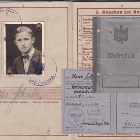 WWII German Luftwaffe Wehrpass ID & Wehrmacht-Führerschein - Oberleutnant Hans Schütte - Stab Flak Regiment 47 - 8.8cm FlaK  18 - Iron Cross Second Class