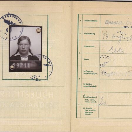 WWII German Arbeitsbuch Für Ausländer - Anastasia Starolowa - Gebrüder Hartkopf Bayonet Maker in Solingen Germany - Company still exists!