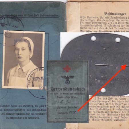 WWII German DRK Verwendungsbuch & Erkennungsmarke - DRK Nurse Hanna Zander - Tag - Freiwillige Krankenpflege Wehrkreis XI