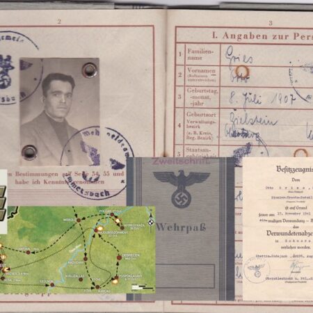 WWII German Wehrmacht Wehrpass ID - Unteroffizier Otto Gries - Panzer Brigade 110 "Feldhernhalle" - Wounds Badge Certificate - KIA Budapest Oct 1944