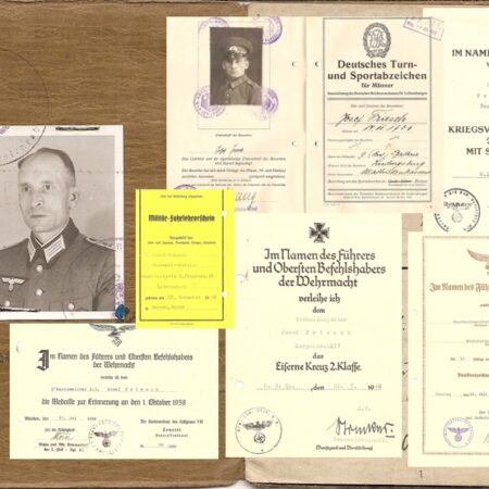 WWII German Wehrmacht Soldbuch ID & Award Documents - Tech-Oberinspektor Josef Friesch - Festungs Artillerie Stab 7 - Iron Cross (Layaway)
