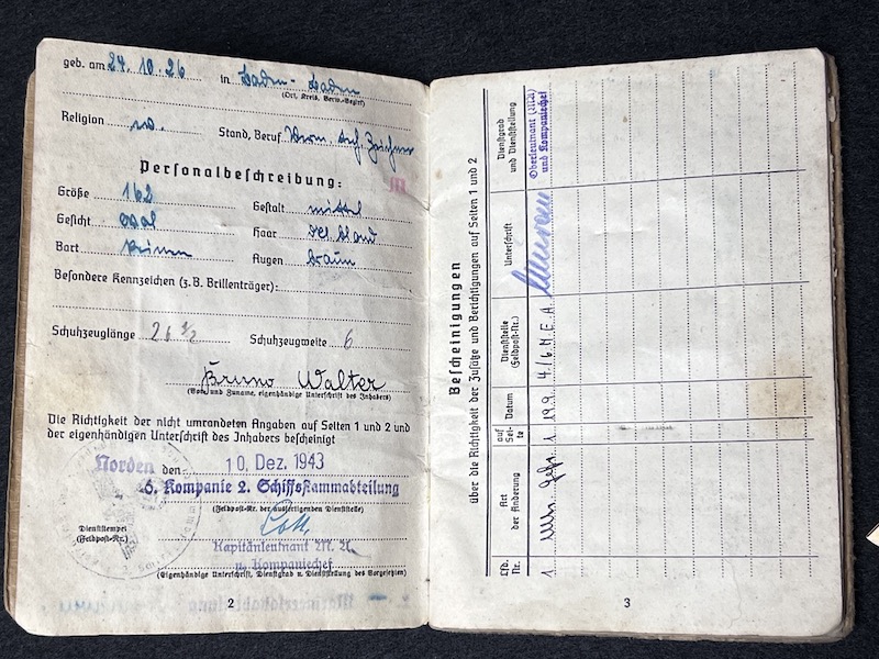 Original WWII German Kriegsmarine Soldbuch & Erkennungsmarke- Gefr Bruno Walter - Panzerjagd Abteilung 708 - KIA 22.04.1945 Black Forest (Reserved) - Image 7