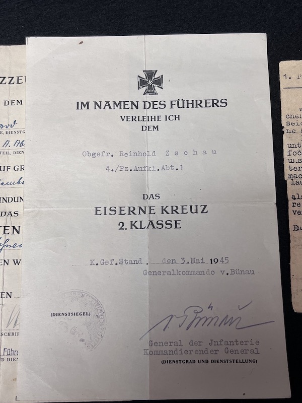 Original WWII German Wehrmacht Wehrpass & Traditions Badge Grouping - Obgefr Reinhold Zschau - Panzer-Aufklärungs-Abteilung 1 - 1 Panzer Division - Iron Cross Certificate - RARE! - Image 17