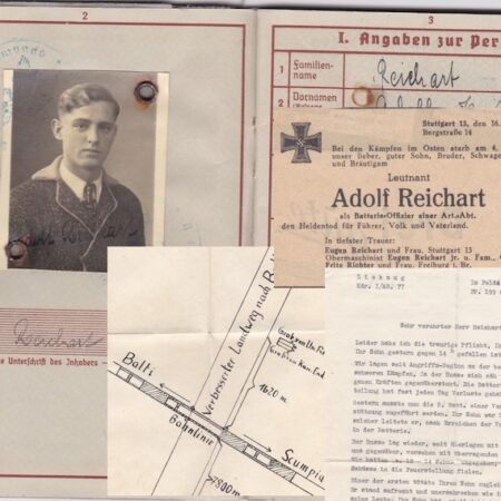 WWII German Wehrmacht Wehrpass KIA Grouping - Leutnant Reichart - Artillerie Regiment 77 - Grave Map - KIA Moldova 1941